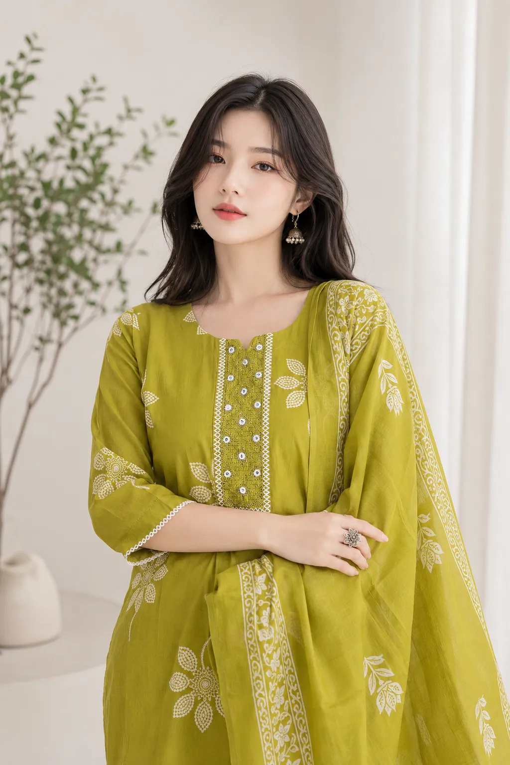 Zariya Apple Green Embroidered Kurta Set with Pant & Dupatta