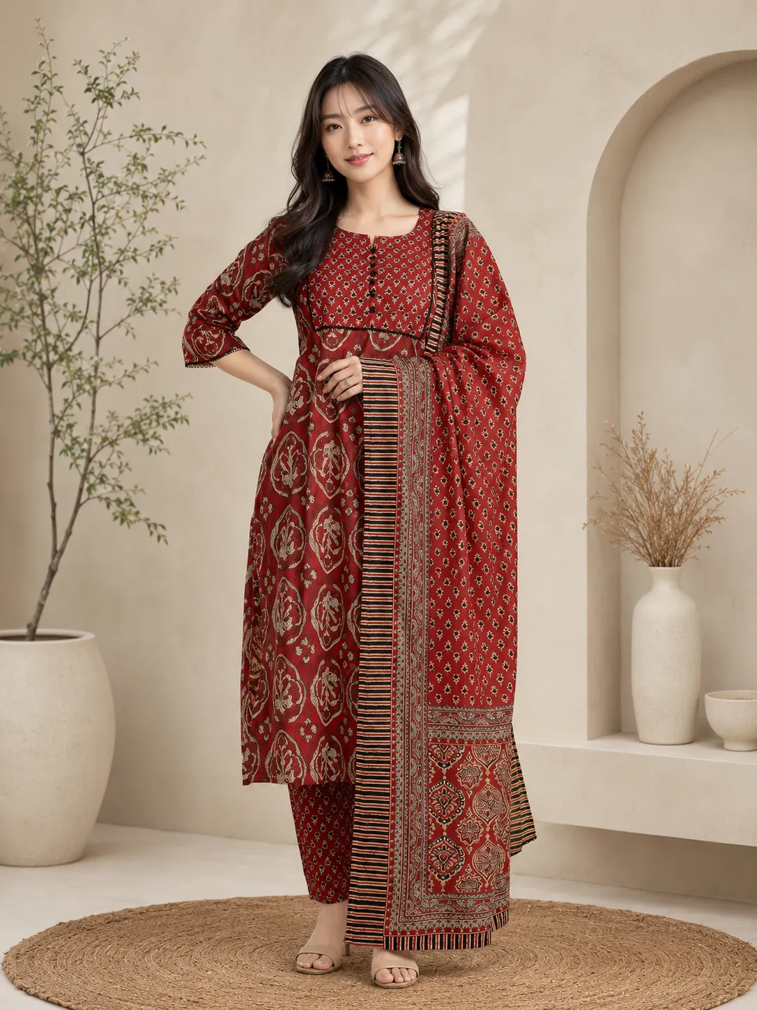 Women Maroon & Black Floral Print Kurta Pant Dupatta Set
