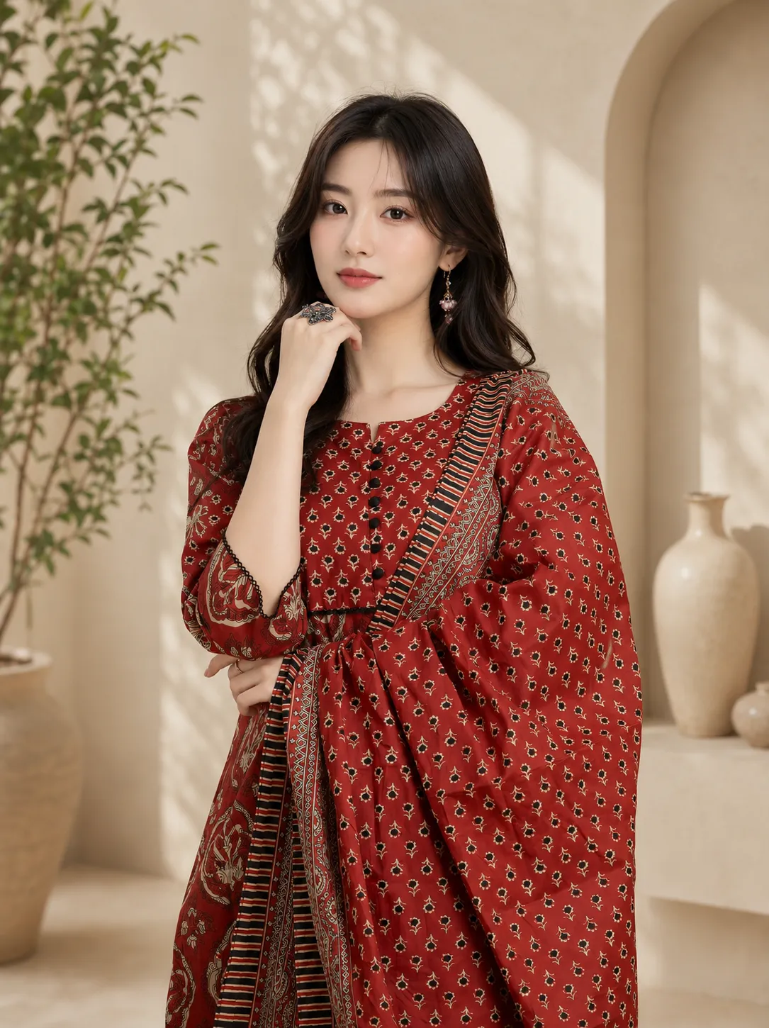 Women Maroon & Black Floral Print Kurta Pant Dupatta Set