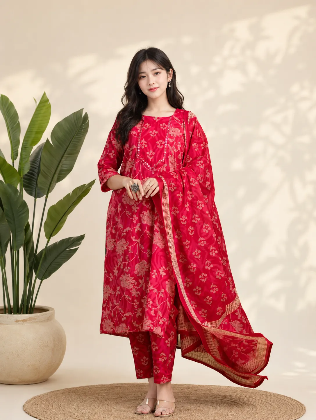 Premium Women Red Embroidered Kurta With Pant & Dupatta
