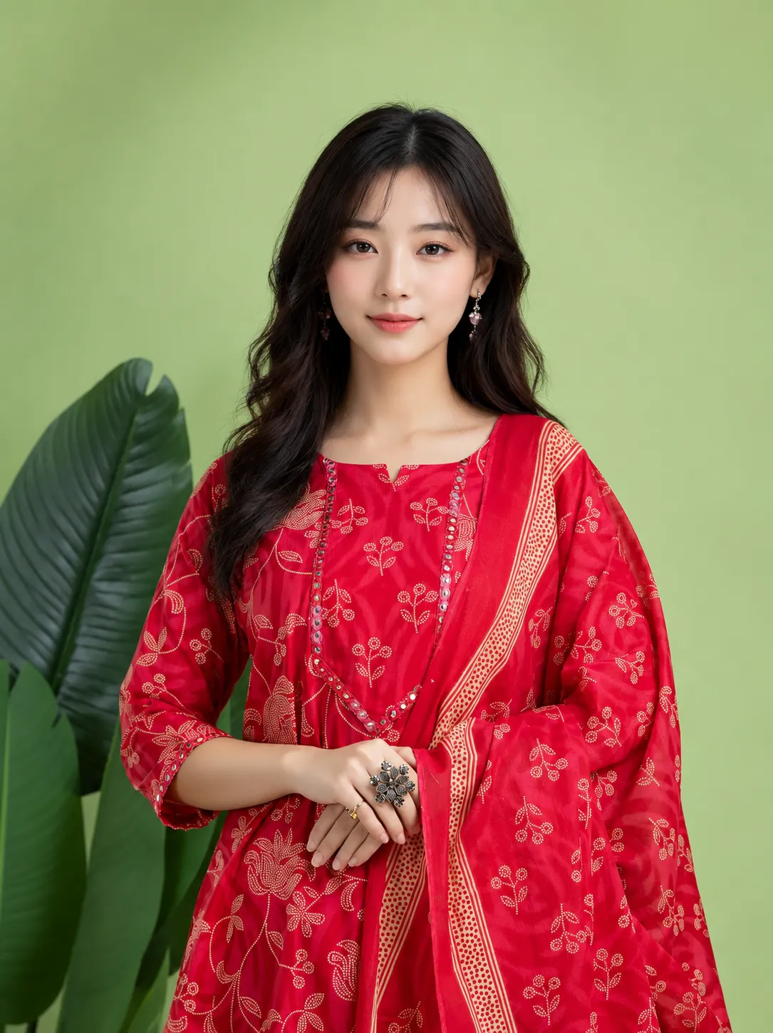 Premium Women Red Embroidered Kurta With Pant & Dupatta