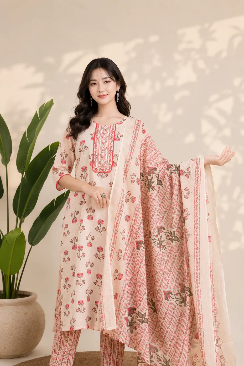 Premium Off-White Embroidered Kurta With Pant & Dupatta