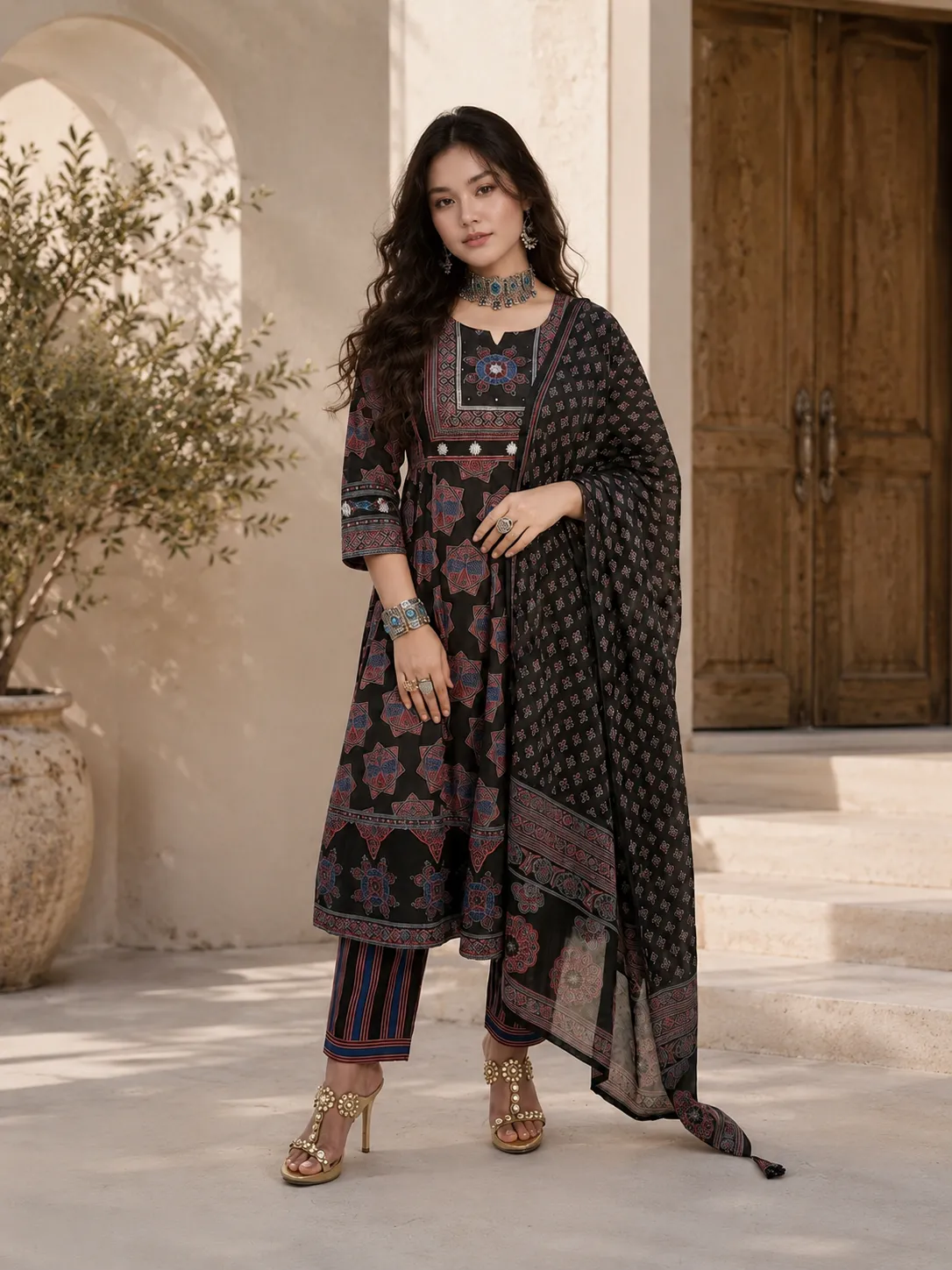 Women Black & Maroon Embroidered Anarkali Kurta Pant Dupatta Set
