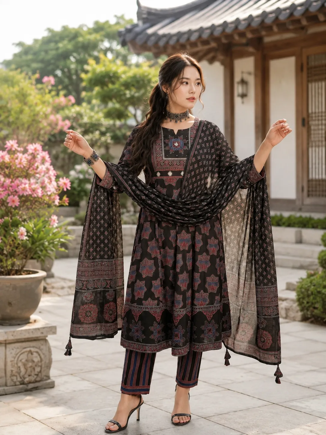 Women Black & Maroon Embroidered Anarkali Kurta Pant Dupatta Set