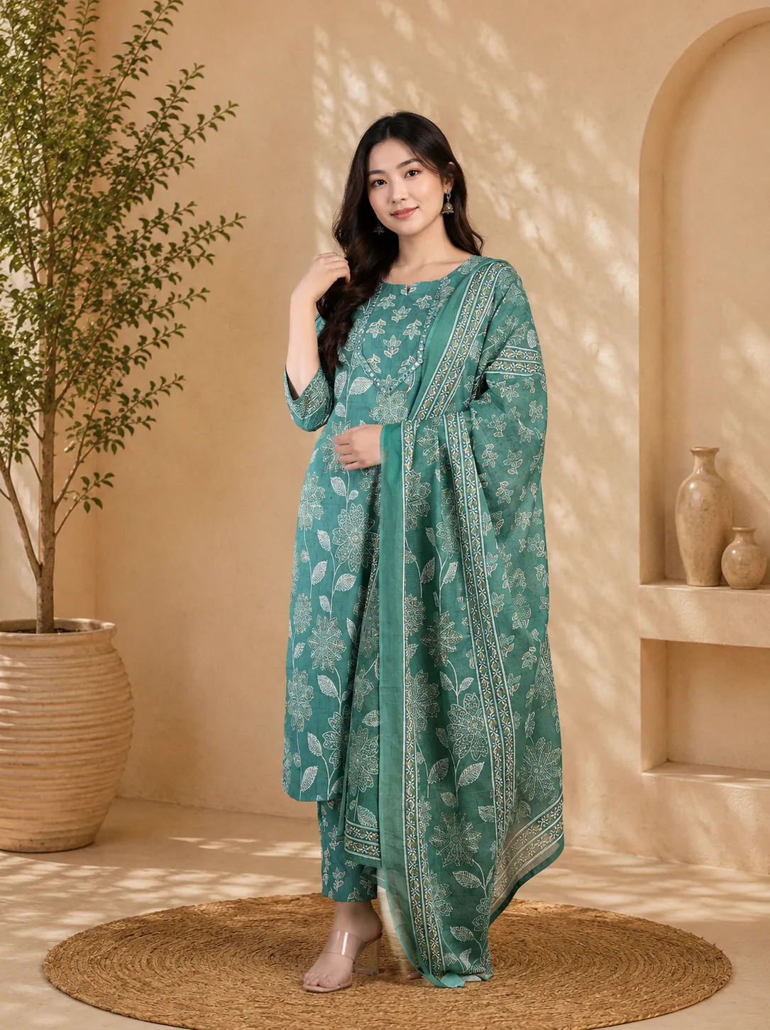 Green Designer Embroidered Kurta Set for Women