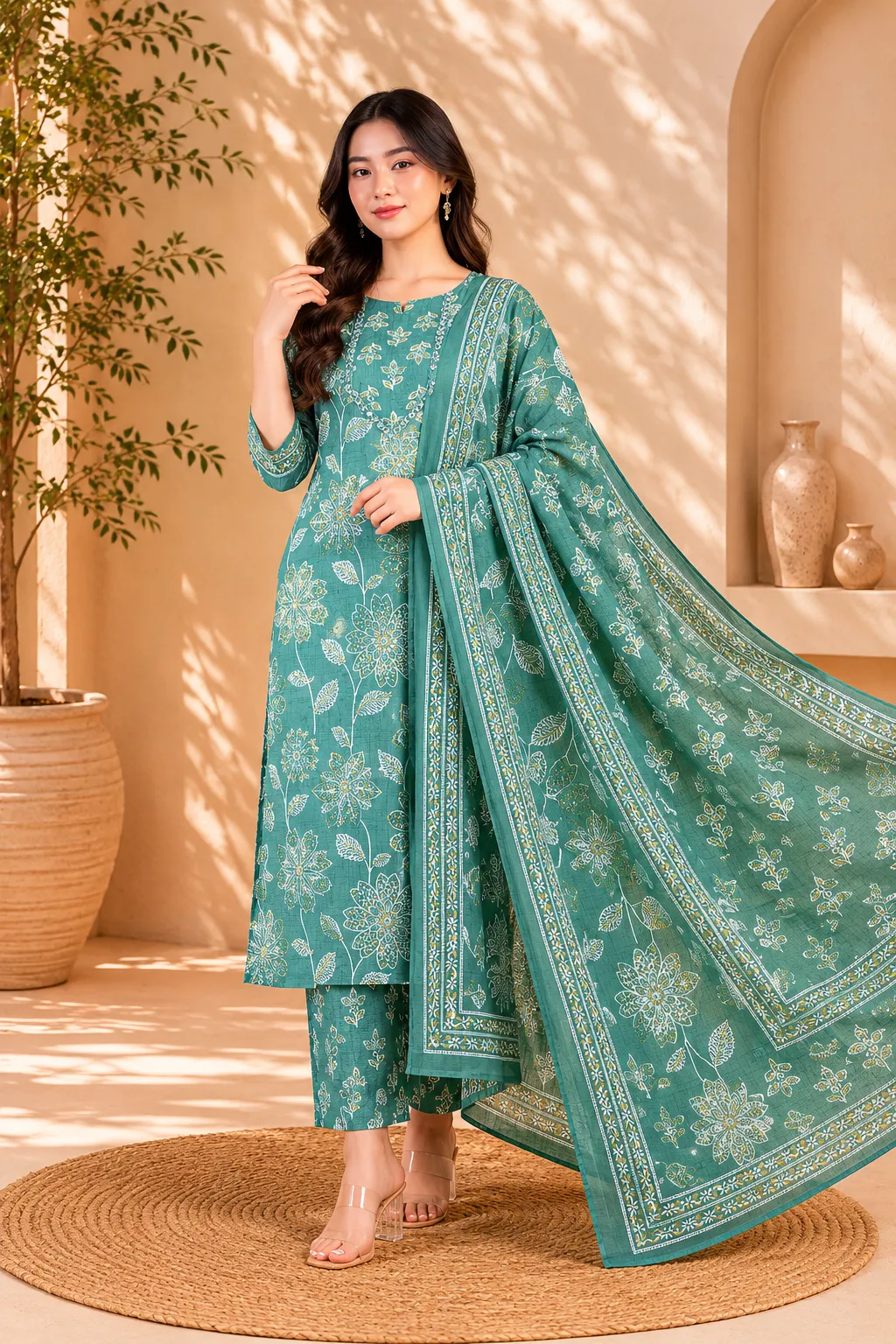 Green Designer Embroidered Kurta Set for Women