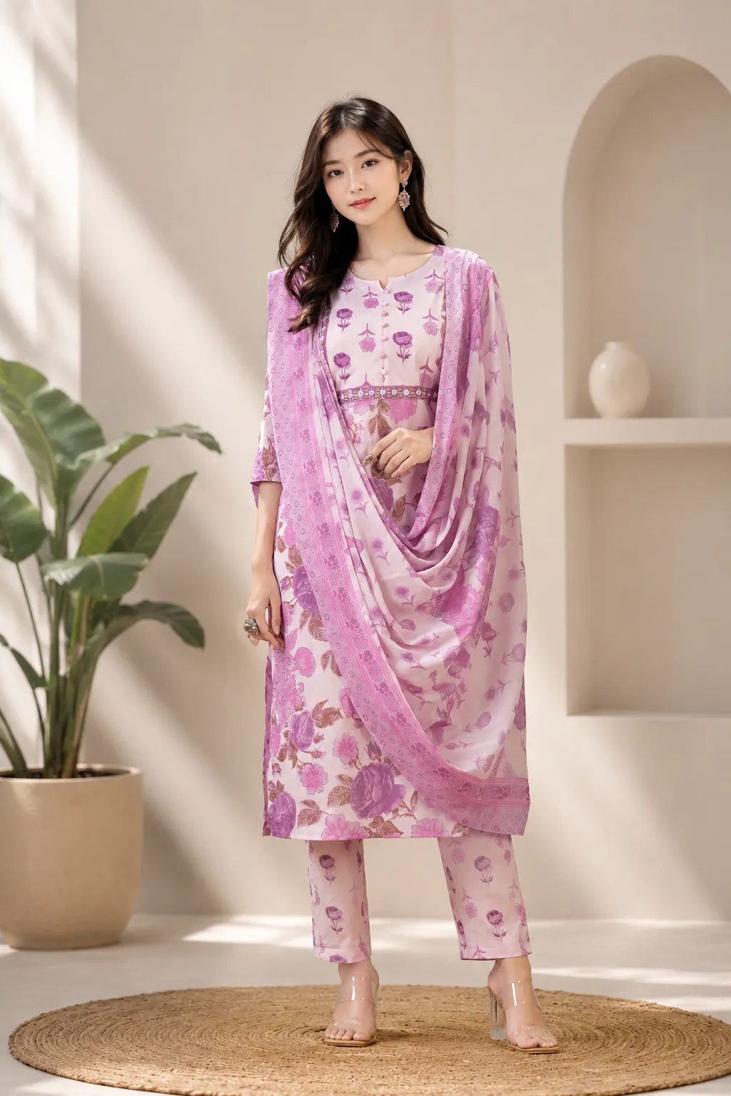 Women Lavender Embroidered Kurta Pant Dupatta Set