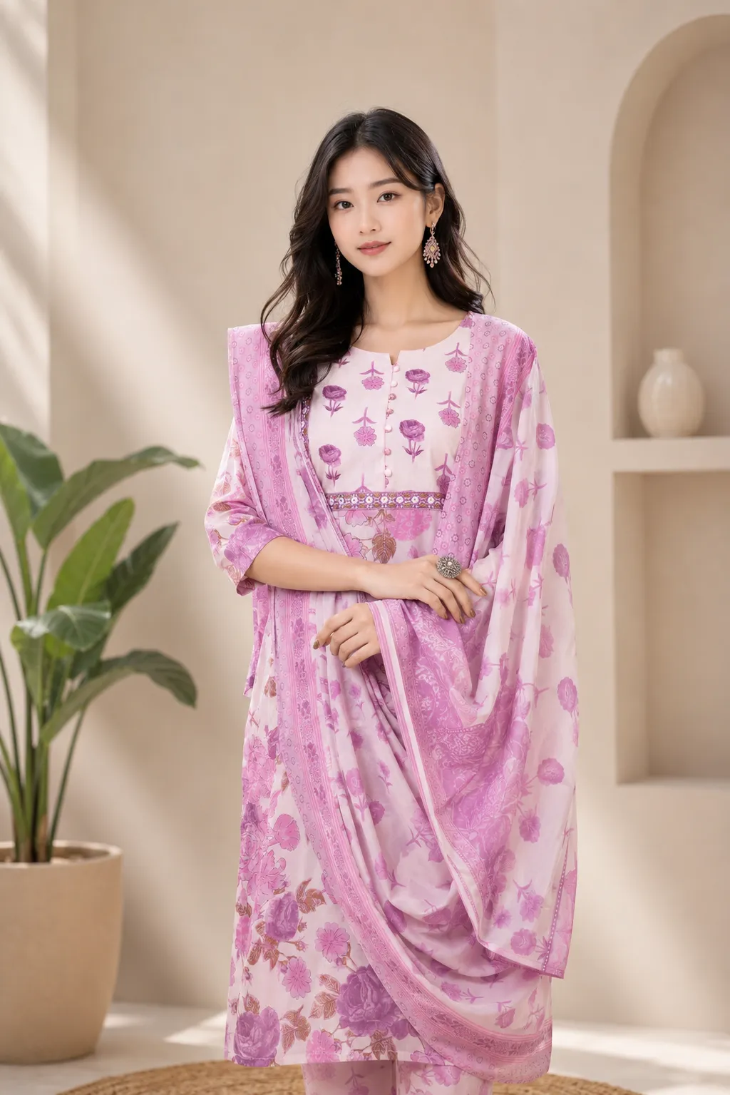 Women Lavender Embroidered Kurta Pant Dupatta Set