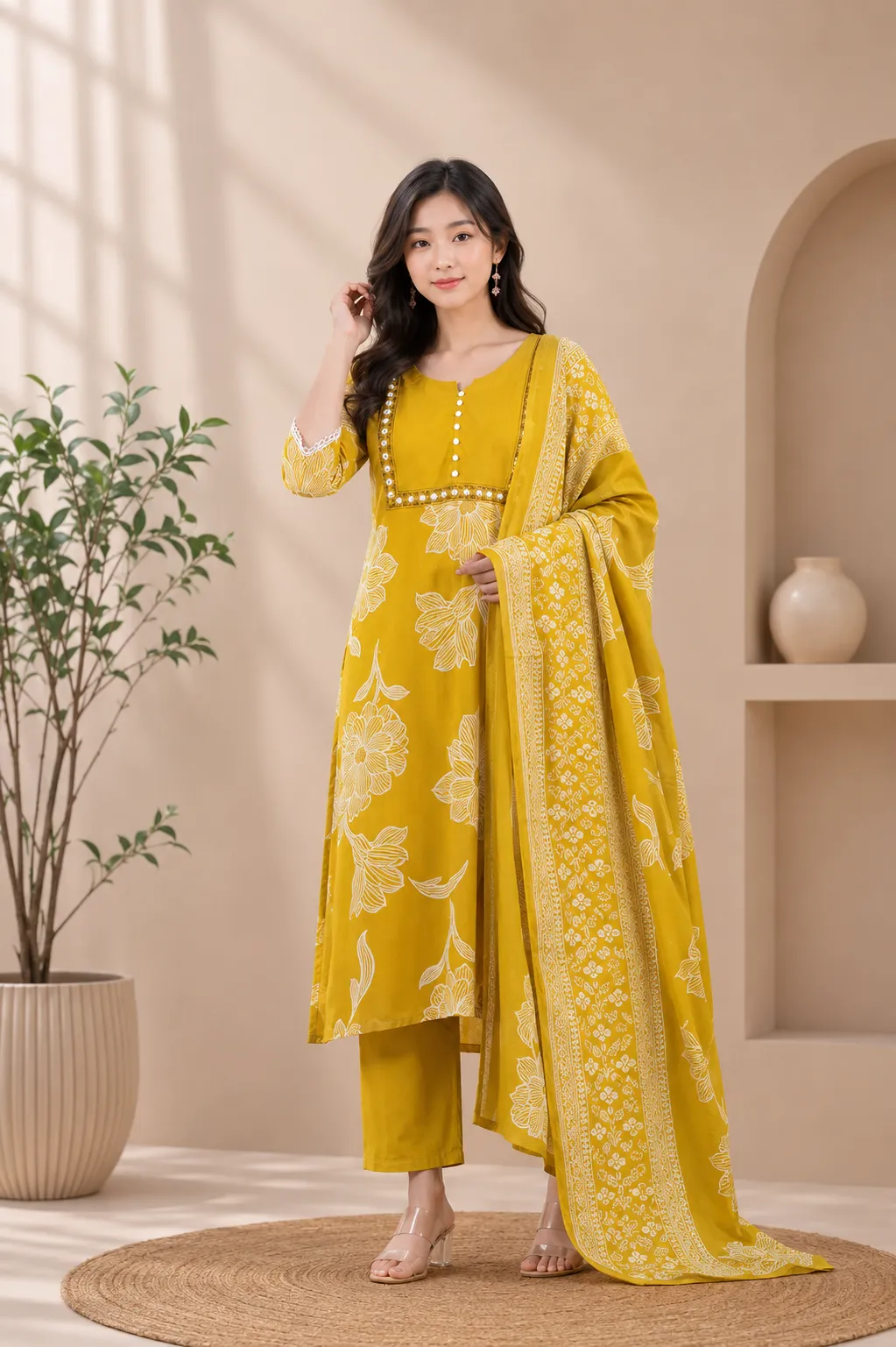 Women Mustard Embroidered Kurta Pant Dupatta Set