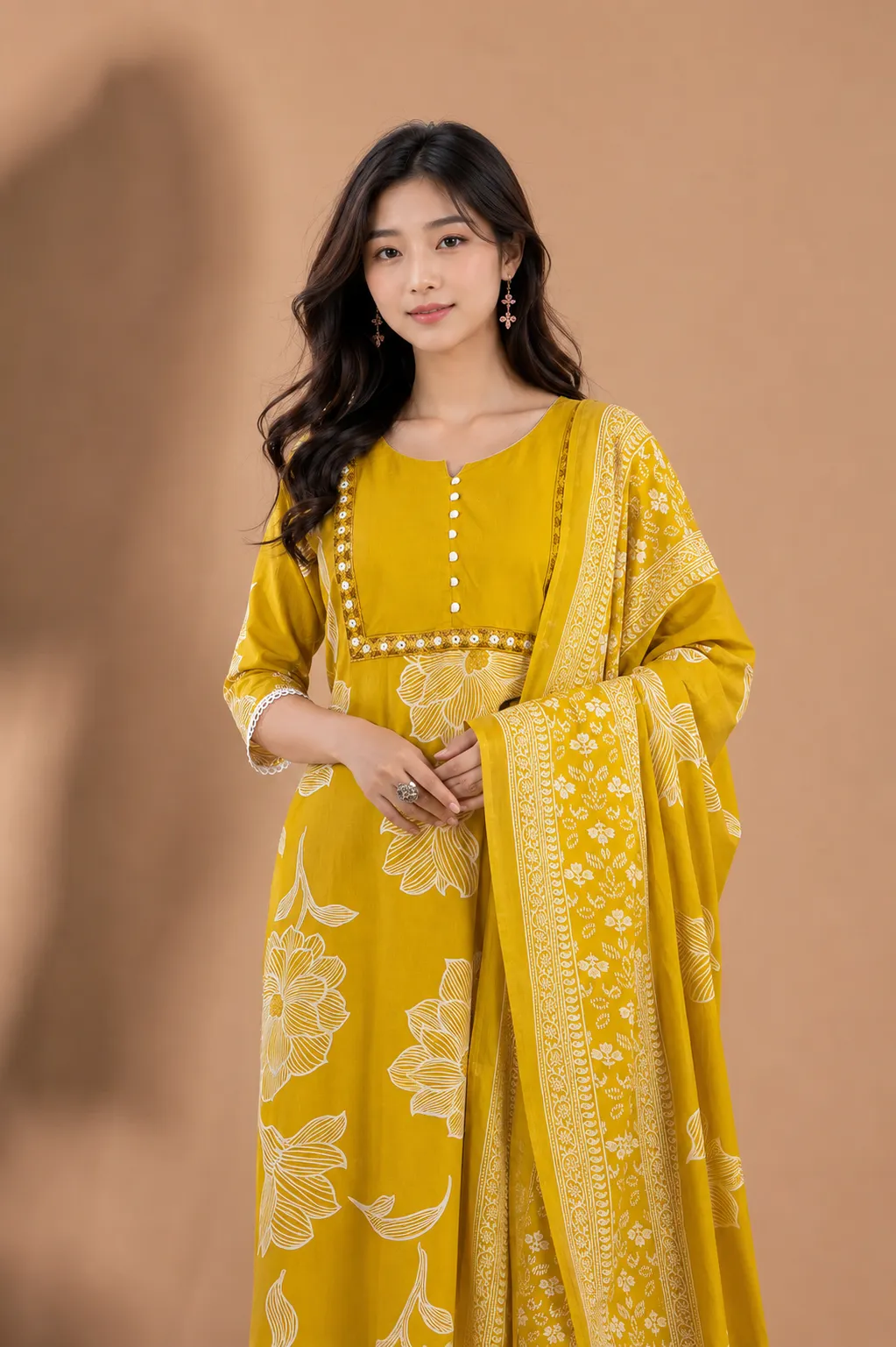 Women Mustard Embroidered Kurta Pant Dupatta Set