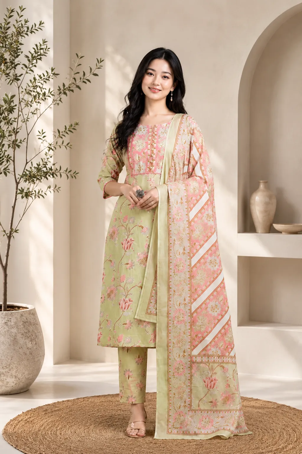 Women Pista Green & Pink Kurta Pant Dupatta Set