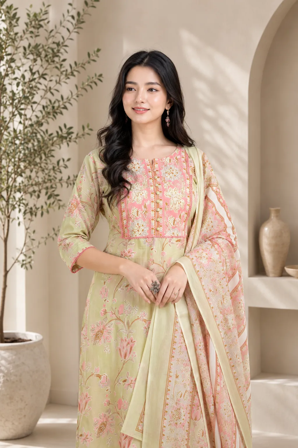 Women Pista Green & Pink Kurta Pant Dupatta Set