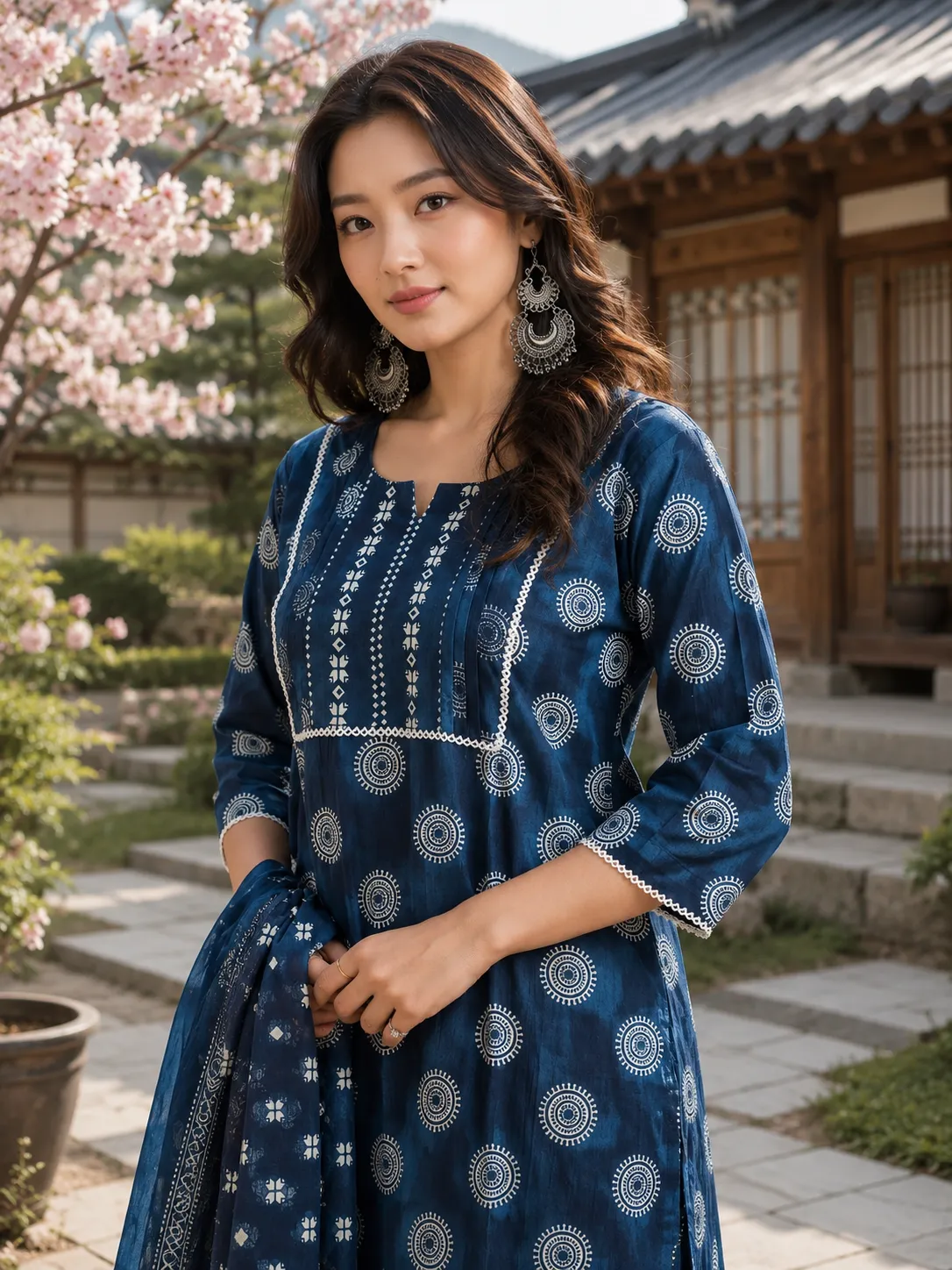 Women Blue Geometric Kurta Pant Dupatta Set