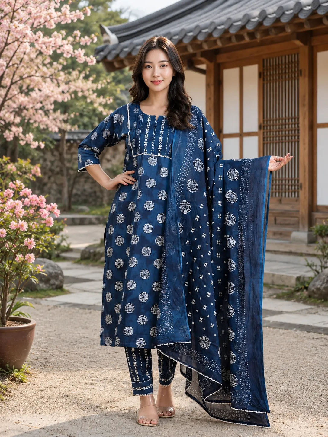 Women Blue Geometric Kurta Pant Dupatta Set