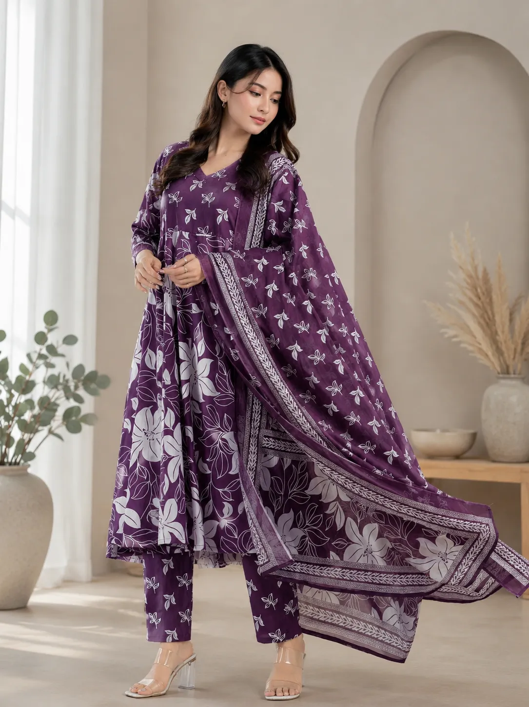 Women Purple Floral Embroidered Anarkali Kurta Pant Dupatta Set