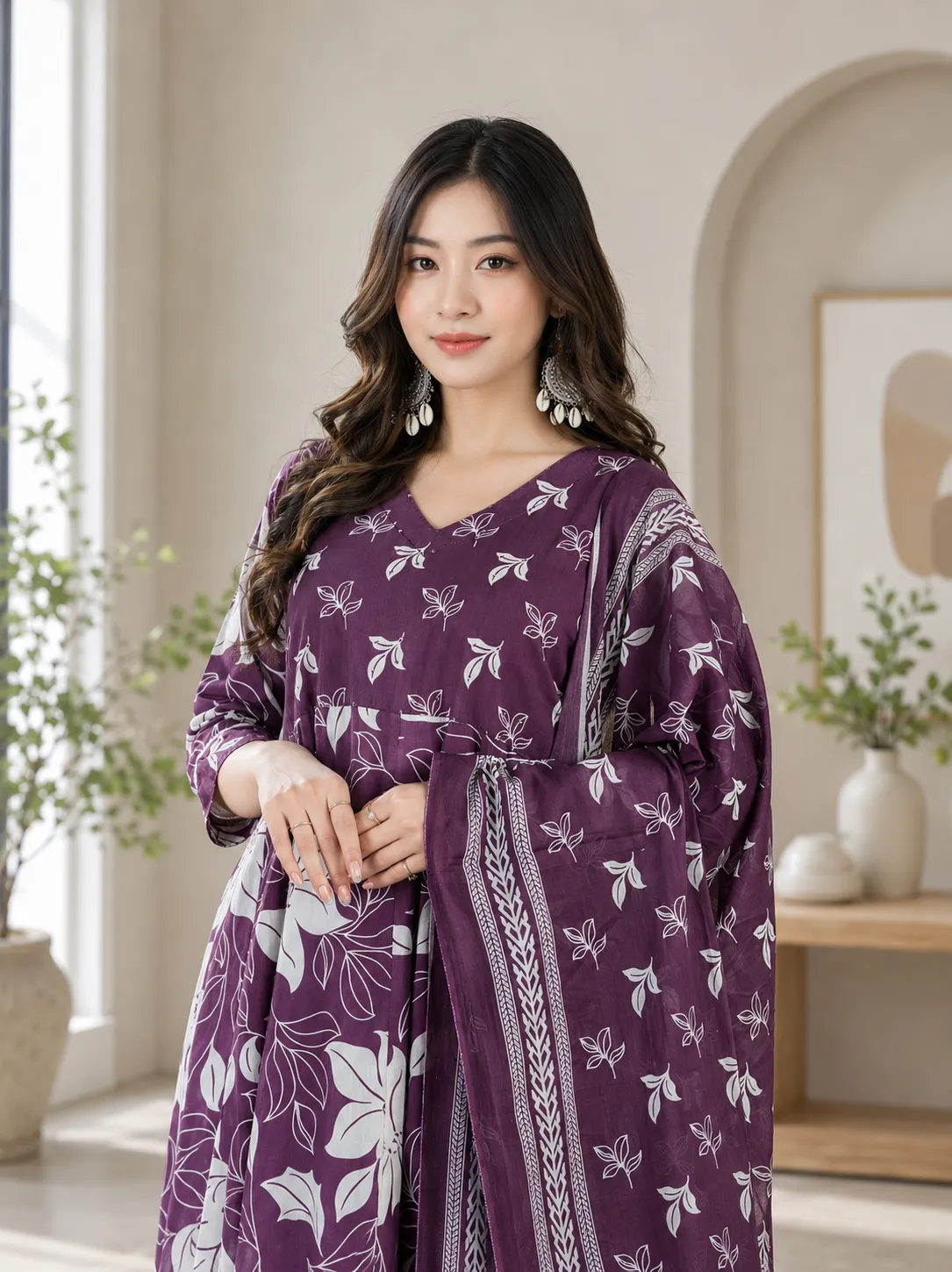 Women Purple Floral Embroidered Anarkali Kurta Pant Dupatta Set