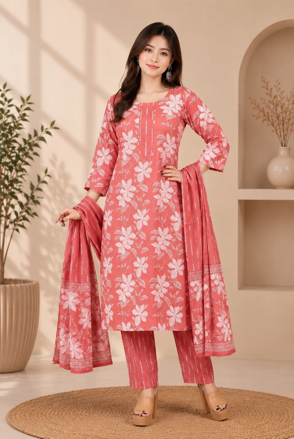 Women Pink Floral Print Kurta Pant Dupatta Set