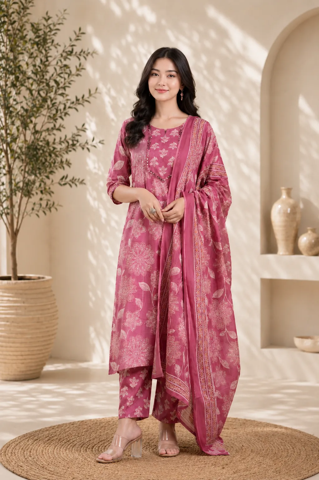 Women Pink Embroidered Kurta Pant Dupatta Set