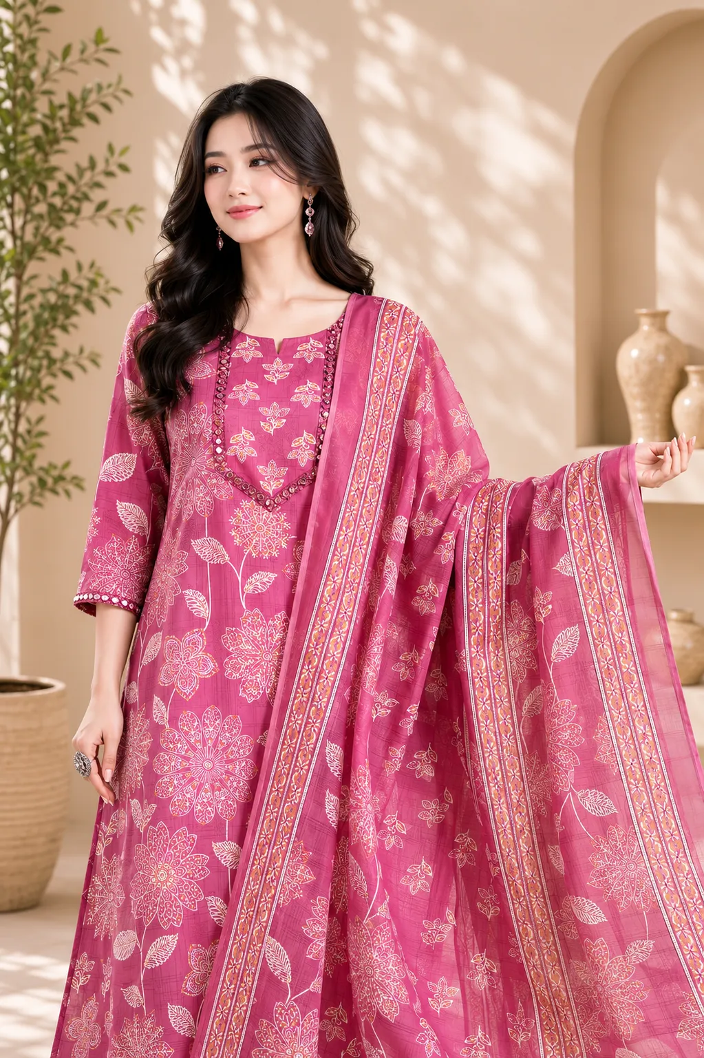 Women Pink Embroidered Kurta Pant Dupatta Set