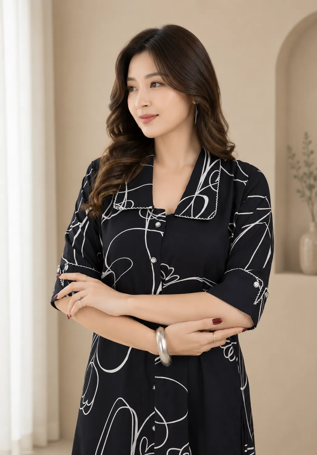 Women Navy Blue Abstract Print A-Line Dress