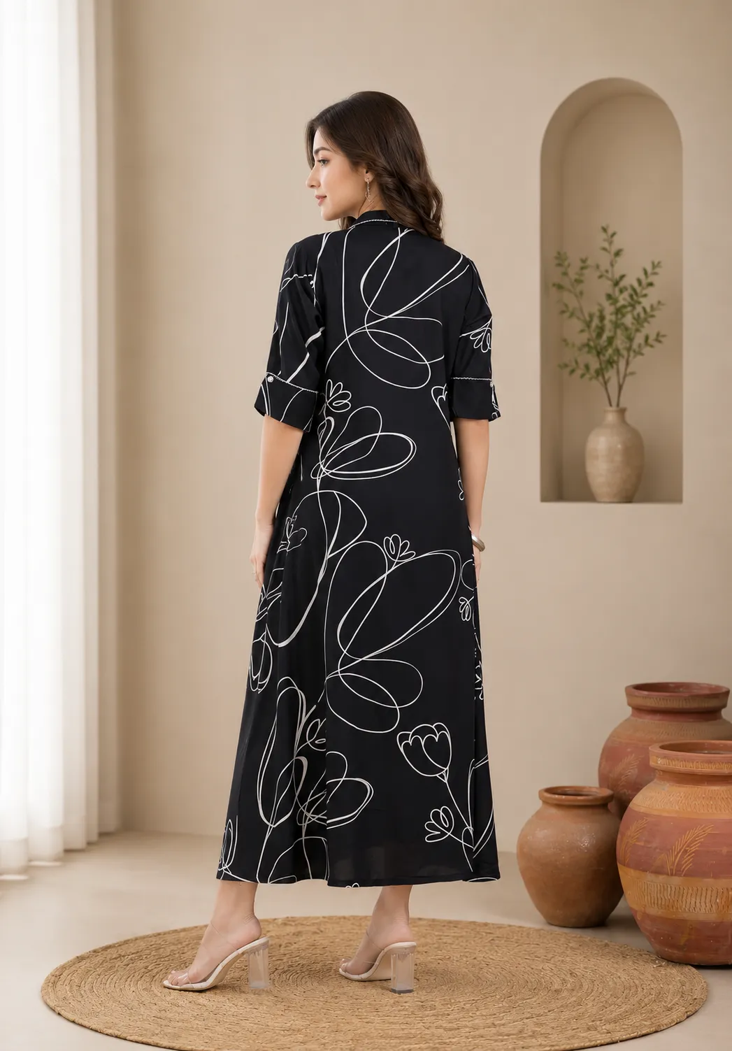 Women Navy Blue Abstract Print A-Line Dress