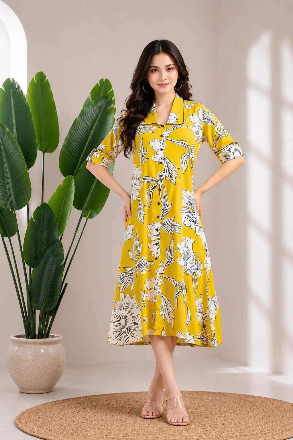 Women Yellow & Black Floral Print A-Line Dress