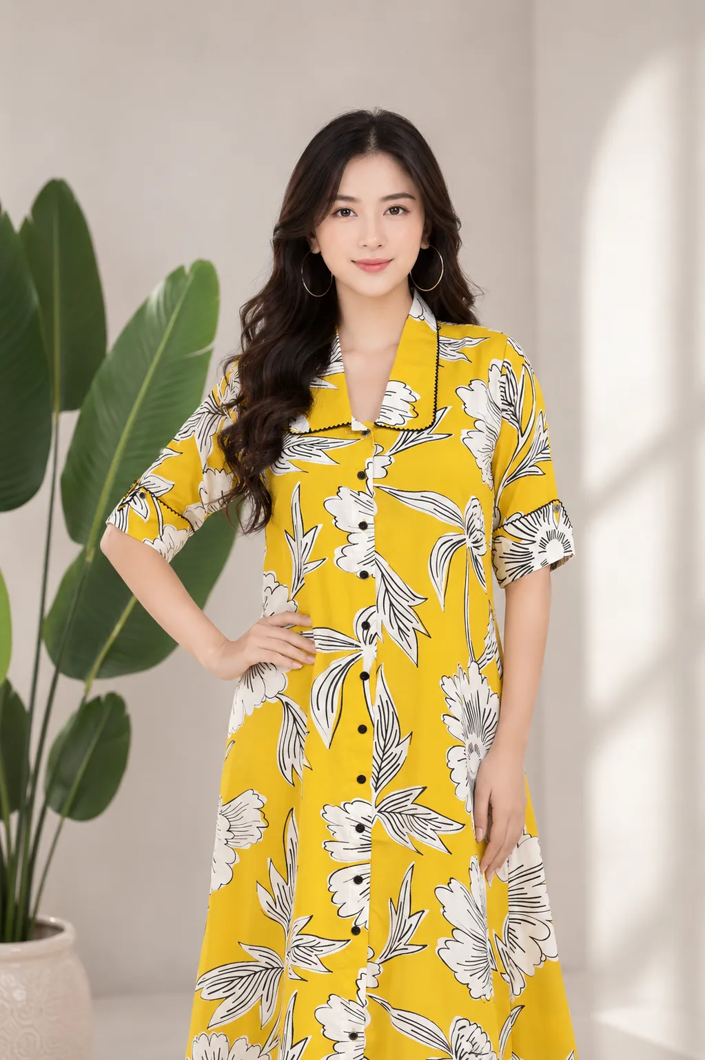 Women Yellow & Black Floral Print A-Line Dress
