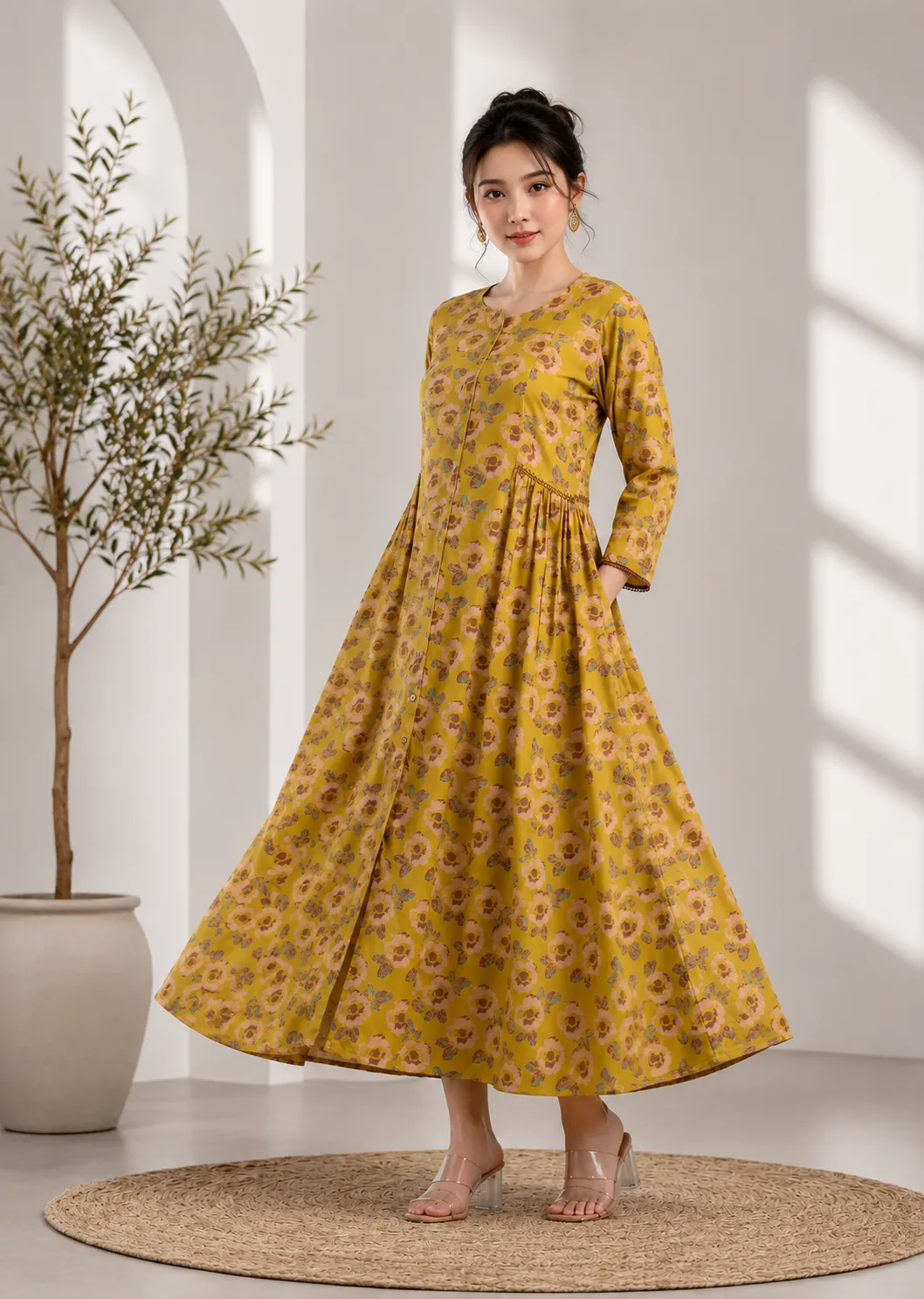 Women Mustrad & Purple Floral Print A-Line Dress with Gathers