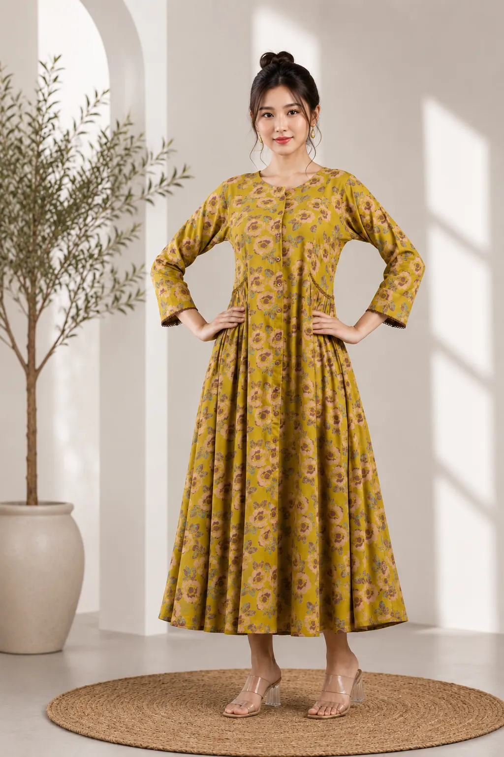 Women Mustrad & Purple Floral Print A-Line Dress with Gathers