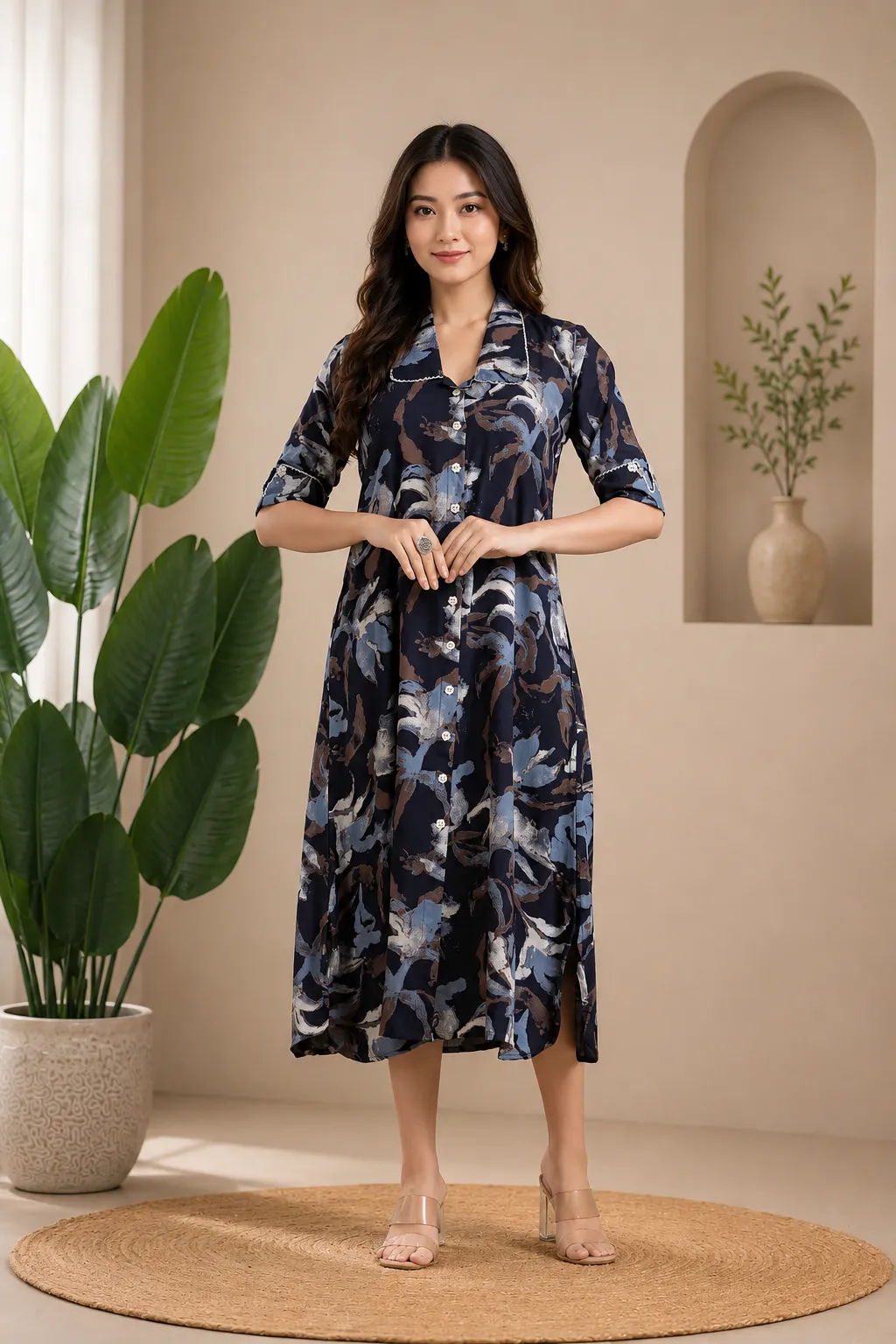 Women Navy Blue Multi-Colour Abstract Print A-Line Dress