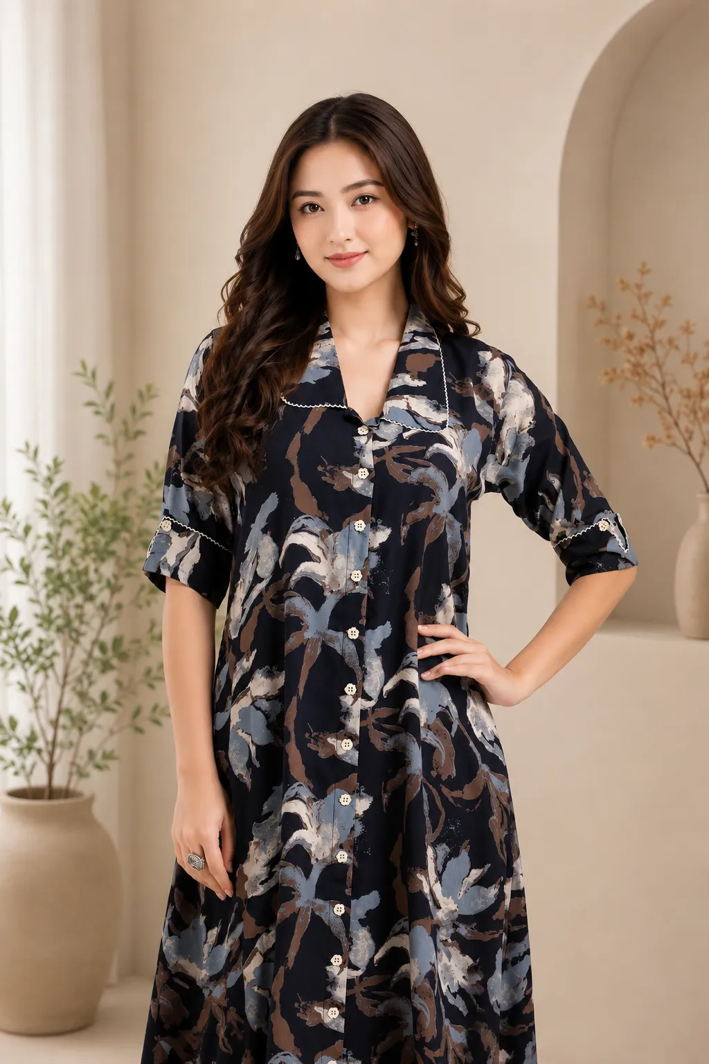 Women Navy Blue Multi-Colour Abstract Print A-Line Dress