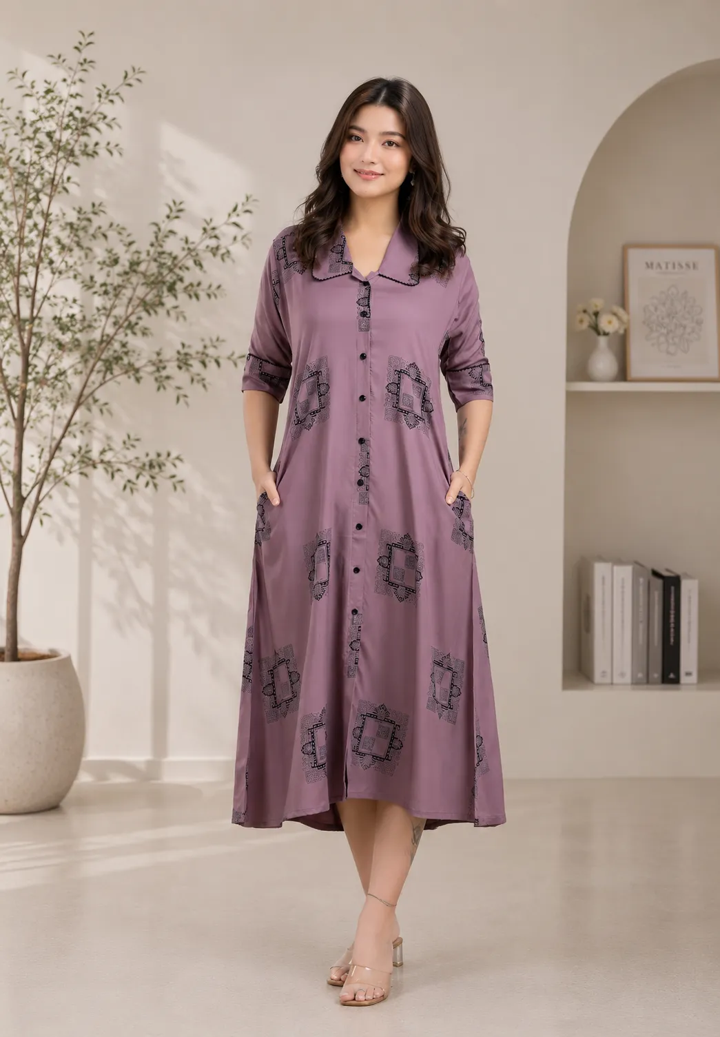 Women Purple Mauve Geometric Print A-Line Dress