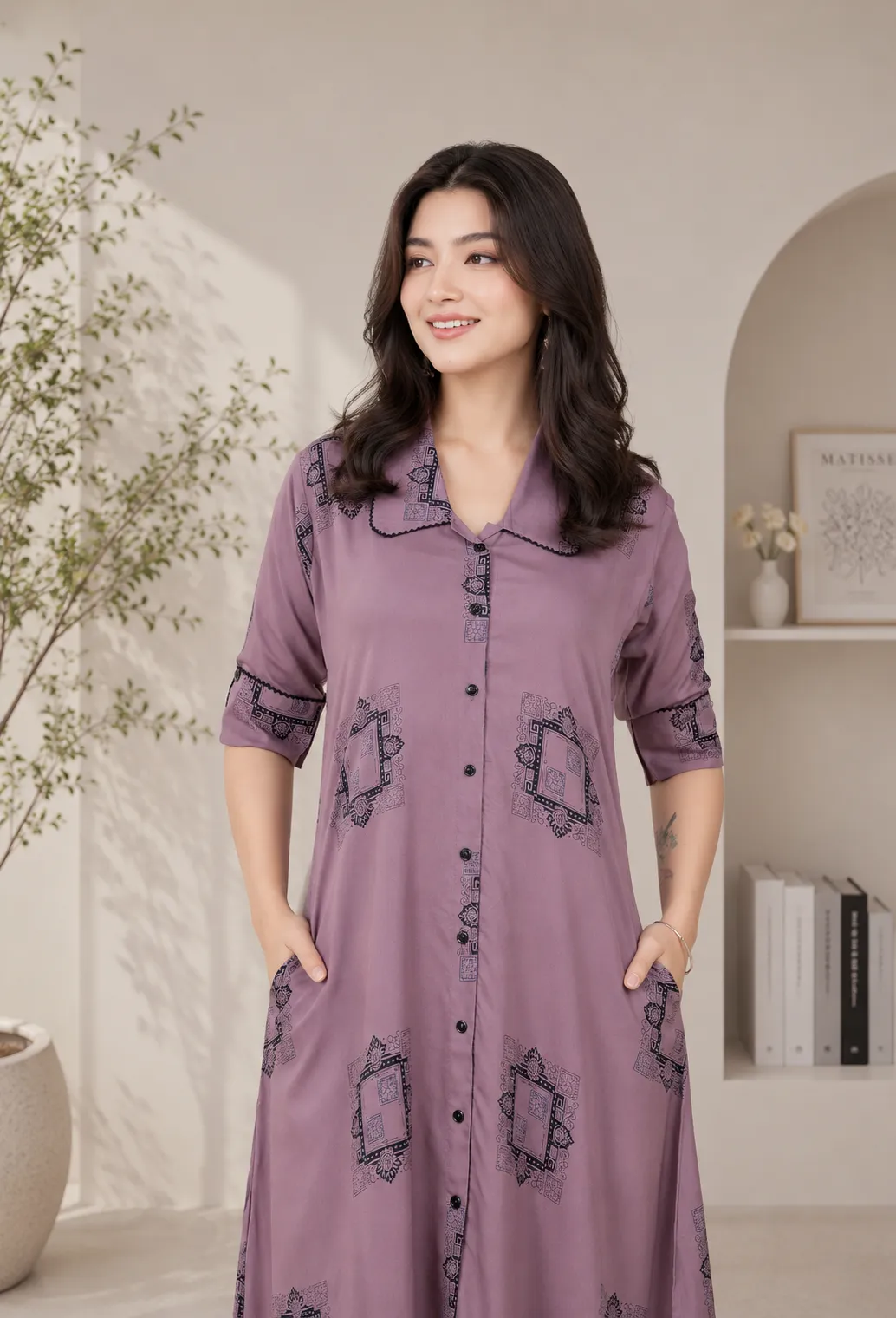Women Purple Mauve Geometric Print A-Line Dress